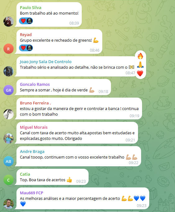 Print do Telegram: reações dos membros — grupo excelente e recheado de greens