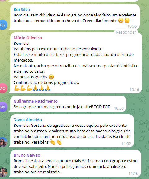 Print do Telegram: feedback de Rui Silva, Mário Oliveira, Guilherme Nascimento e Tayna Almeida