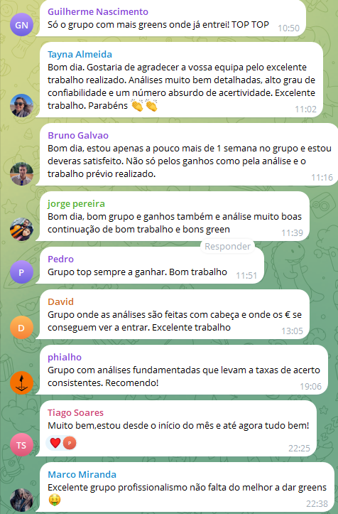 Print do Telegram: feedback de Bruno Galvao, Jorge Pereira, David, phialho e Marco Miranda