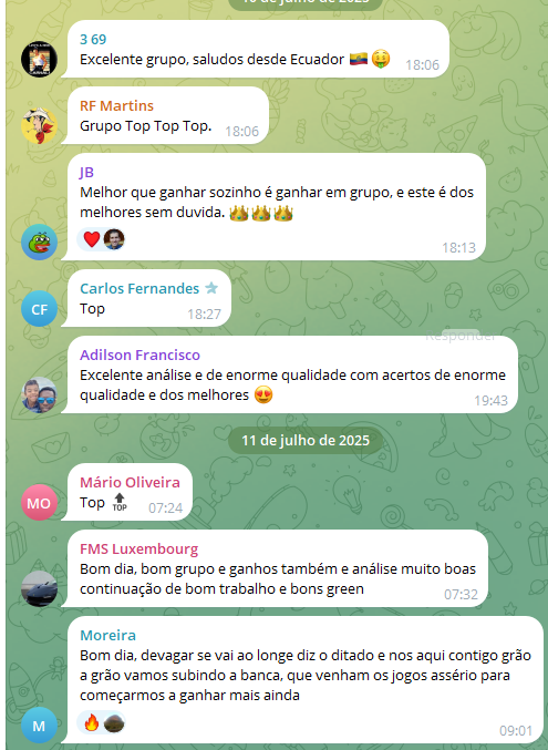 Print do Telegram: feedback de RF Martins, JB, Carlos Fernandes e Moreira